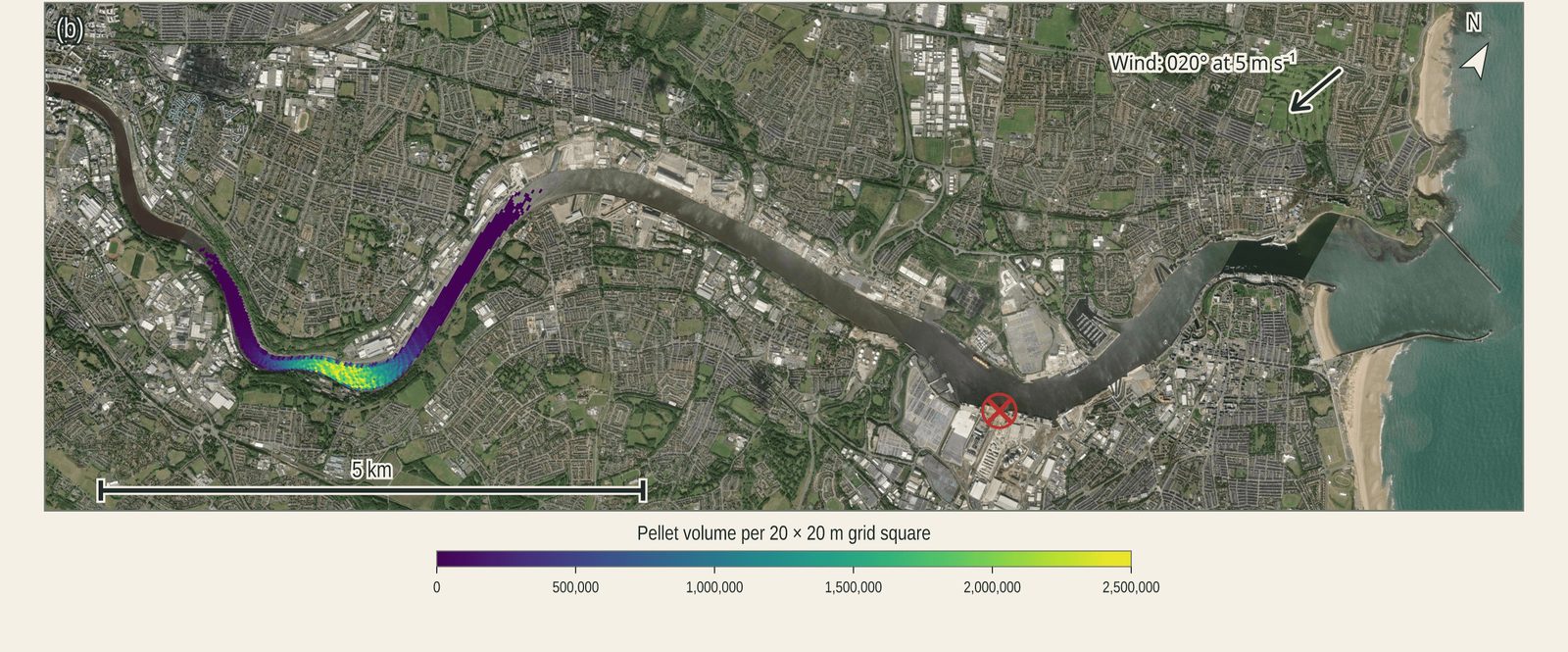Satellite image of the lower River Tyne showing the spill location near the river mouth and a band of modelled pellets several kilometres upstream, coloured by concentration.
